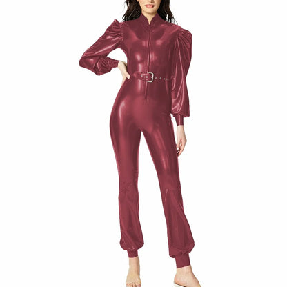 Plus Size Fashionable PVC Patent Leather Jumpsuit for Women Latex-look Clubwear Stand Collar Belt Puff Long Sleeve Slim Rompers