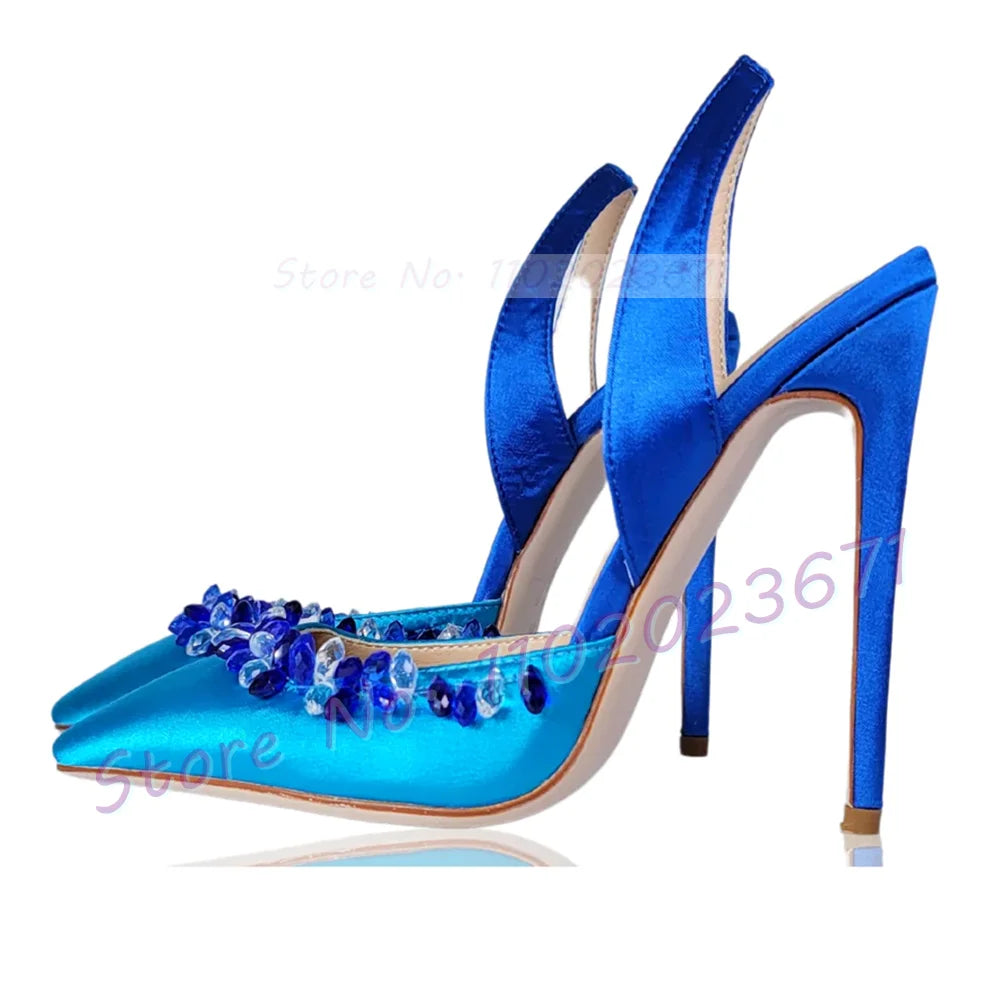 Blue Crystal Trim Elegant Satin Sandals Women Luxury Back Strap High Heels Party Shoes Ladies Summer Chic Pointy Toe Bling Pumps