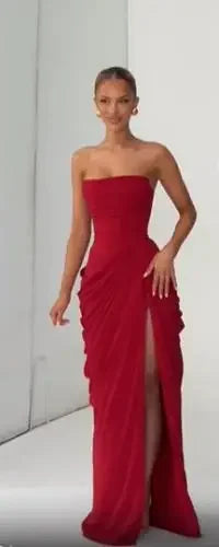 Solid Pleated Strapless Women's Dress Backless Off-shoulder High Waist Split Female Dresses 2026 Sexy Summer Evening Party Gown