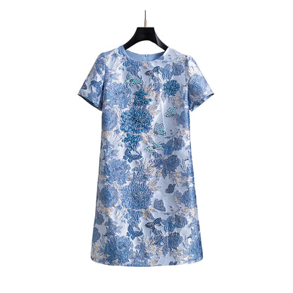 Women Blue Jacquard Beaded Dress Short Sleeve Round Neck a Line Elegant Slim Fit Summer Party Fashion Luxury Midi Dress