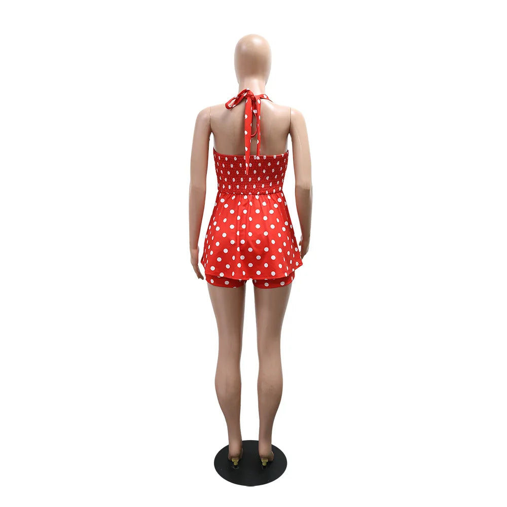 Joskaa Polka Dot Halter Bandage Rompers Women Sexy Low-cut Sleeveless Backless Bodycon Playsuits Y2k Streetwear Holiday Clubwear