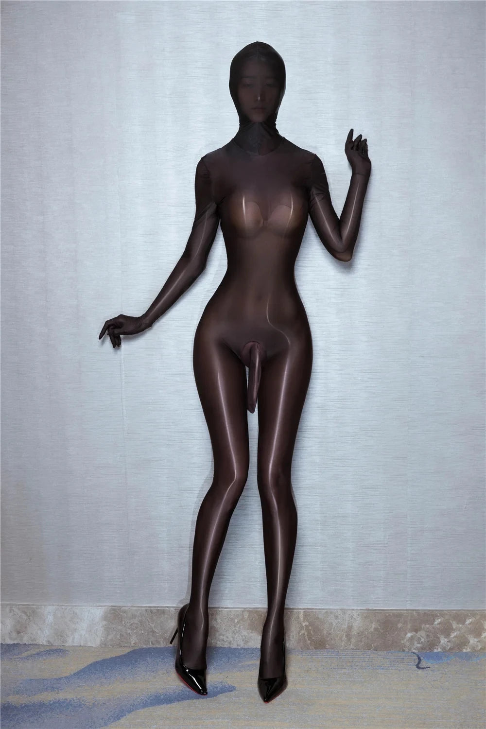 Zipper Open Full Body Catsuit with JJ Pouch Thin Sheath Transparent Body-stocking Unisex Sheer Bodysuit Sexy Lingerie Jumpsuit