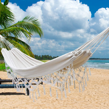 Macrame Fringe Hammock Boho Balcony Hammock Handmade Tassels Hammock 2 Person Double Hammock for Home Outdoor Backyard Beach