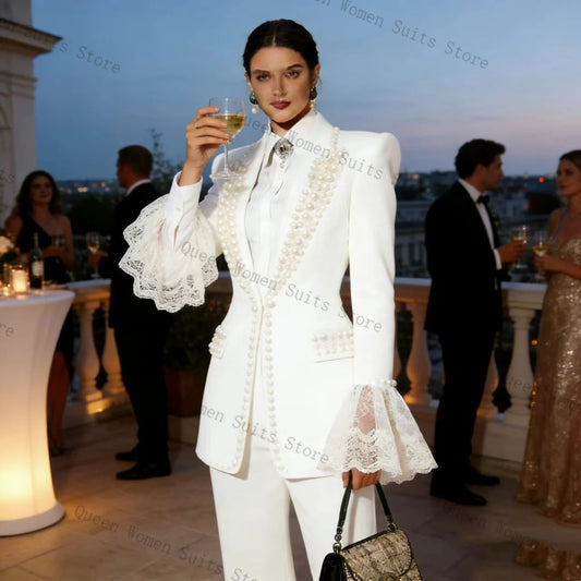 White Pearls Lace Women Suit Set 2 Pcs Blazer Pants Cotton Outfit Prom Formal Office Lady Jacket Wedding Coat Customized