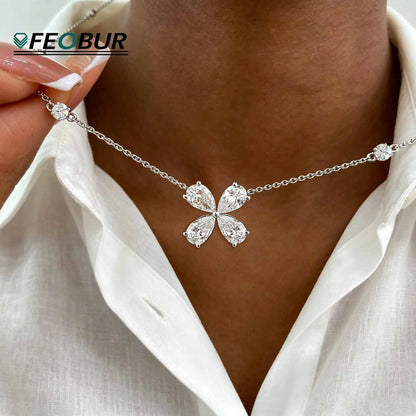 2cttw 4-Stone Clover Moissanite Diamond Pendant Necklace for Women 100% S925 Silver Pear Cut Diamond Charm Neck Chain Party Gift