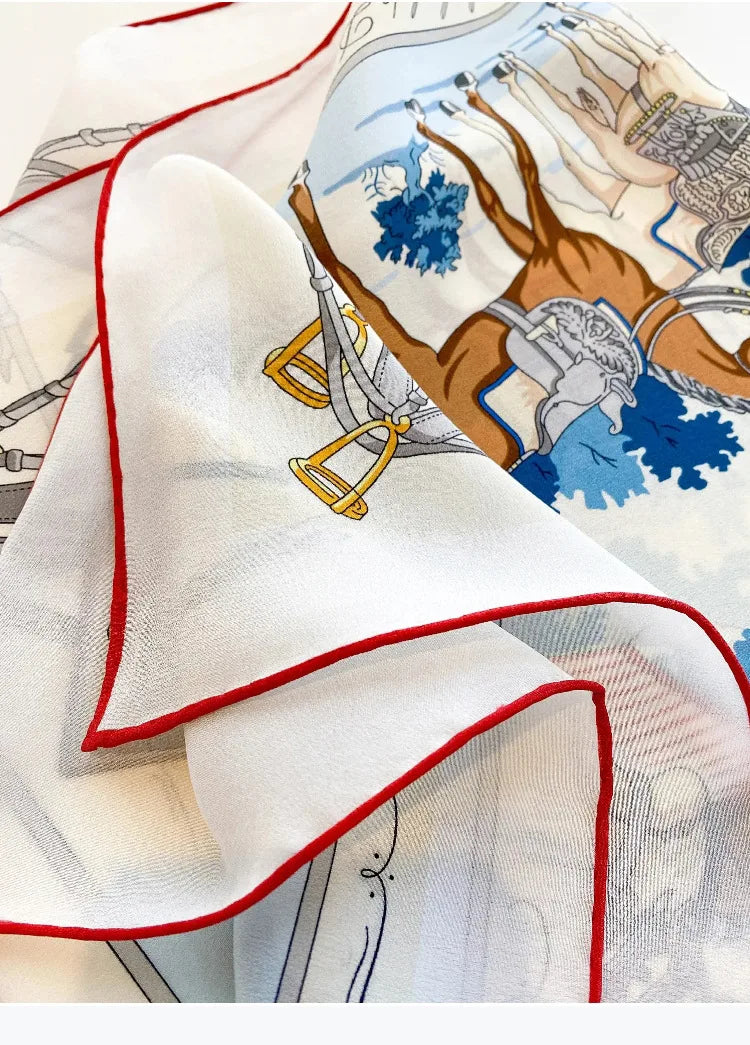 100% Mulberry Silk Square Scarf Vintage Equestrian Horse Saddle Print Bandana Unisex Neck Head Wrap Office Travel Holiday Gift