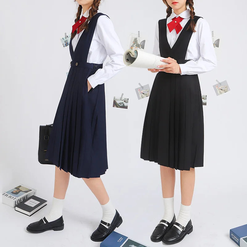 Japanese Korean Class High School Student Girl Long Pinafore Pleated Dress  JK Uniform Cosplay Seifuku Schoolgirl Sundress