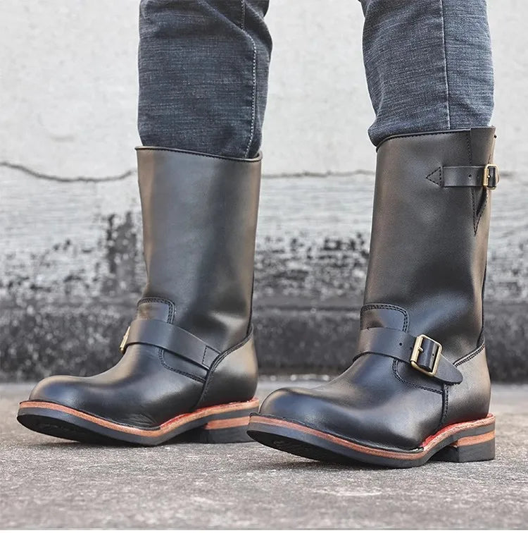 YR Best.Mens Vintage Style Engineer Boots.Quality Motor Rider Handmade Real Cowhide Shoes.Classic Genuine Leather Boots,Cool