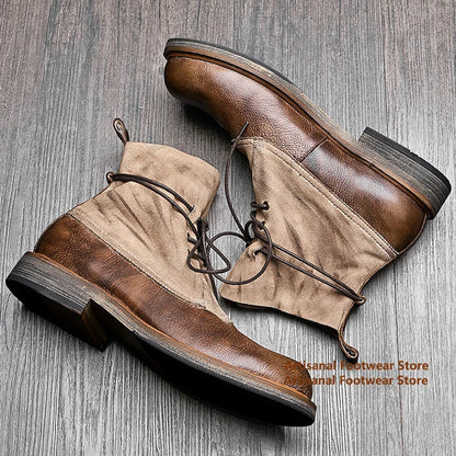 Vintage Thick-Soled Boots Genuine Leather High Top Lace Up Men's Booties British Style Trendy Handmade Cowhide Men's Shoes