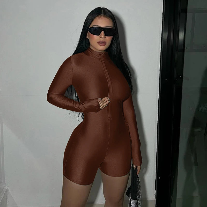 Hugcitar Solid Turtleneck Long Sleeve Zip Up Sexy Slim Skinny One Piece Playsuit 2024 Fall Women Fashion Streetwear Party Romper