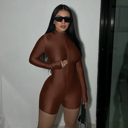 Hugcitar Solid Turtleneck Long Sleeve Zip Up Sexy Slim Skinny One Piece Playsuit 2024 Fall Women Fashion Streetwear Party Romper