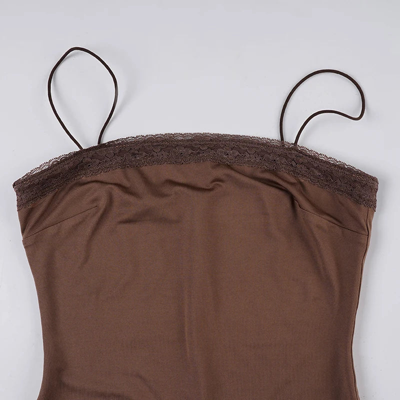 SUCHCUTE Sexy Lace Patchwork Strapless Jumpsuit Women Brown Rompers Y2k Casual Bodysuits Vintage One-piece Suit Summer Aesthetic