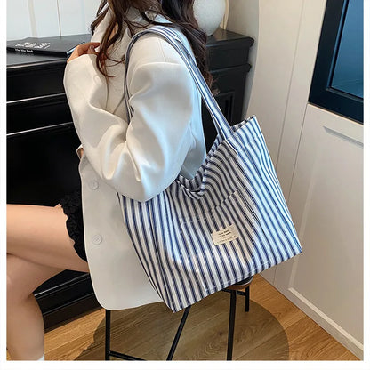 Contrast Color Stripes Women Shoulder Bags Versatile Ladies Large Capacity Tote Bag Lightweight Portable Female Shopping Handbag