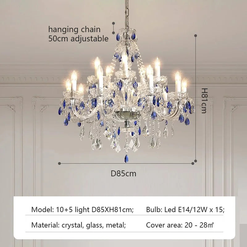 French Blue Romantic Crysatl Chandeliers Light Luxury Glass Living Room Art Decor Candle Pendant Lights Lighting Bedroom Lamps
