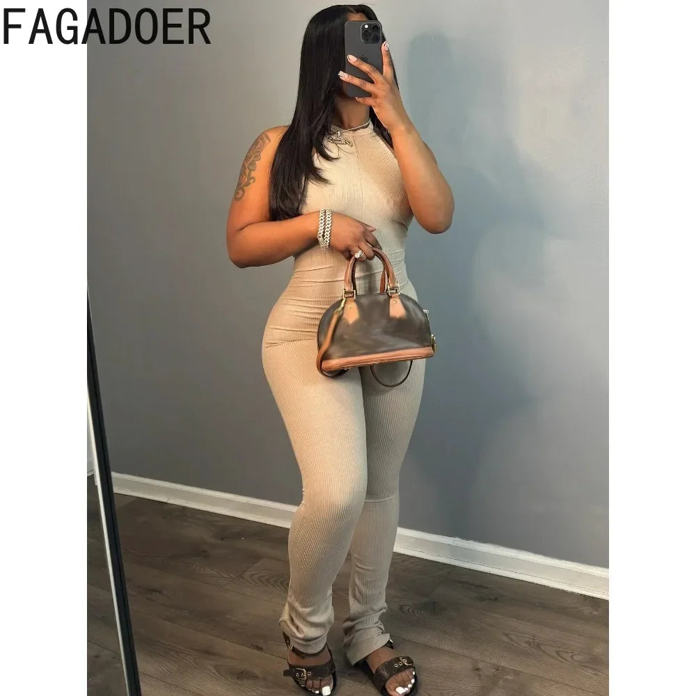 FAGADOER Casual Solid Bodycon Sporty One Pieces Jumpsuits Women Halter Sleeveless Backless Slim Playsuits Female Stacked Overall
