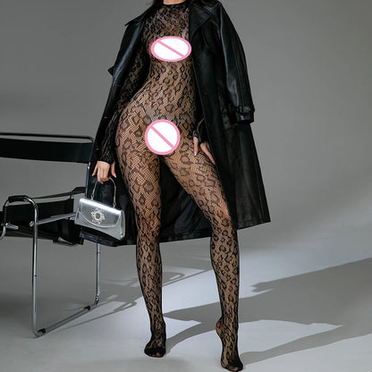 Women Lingeries Leopard Vintage Fashion Lace Up Suits Black Sexy Slim Bodysuits Jumpsuit Streetwear Long Sleeve Backless Bodycon