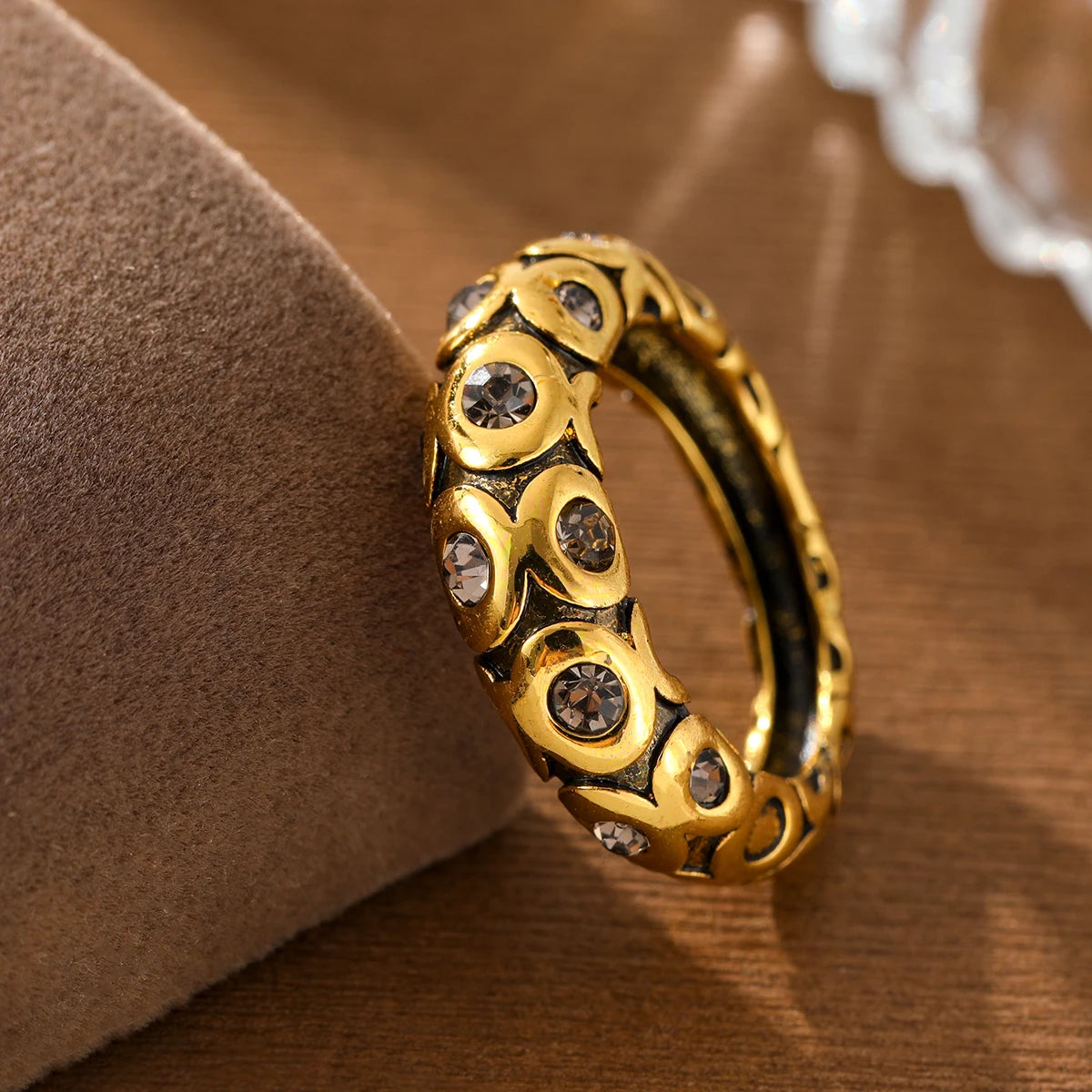 Retro Distressed Relief Geometric Pattern Inlaid with Artificial Gemstones Made of Copper. Women's Ring for Street Parties.