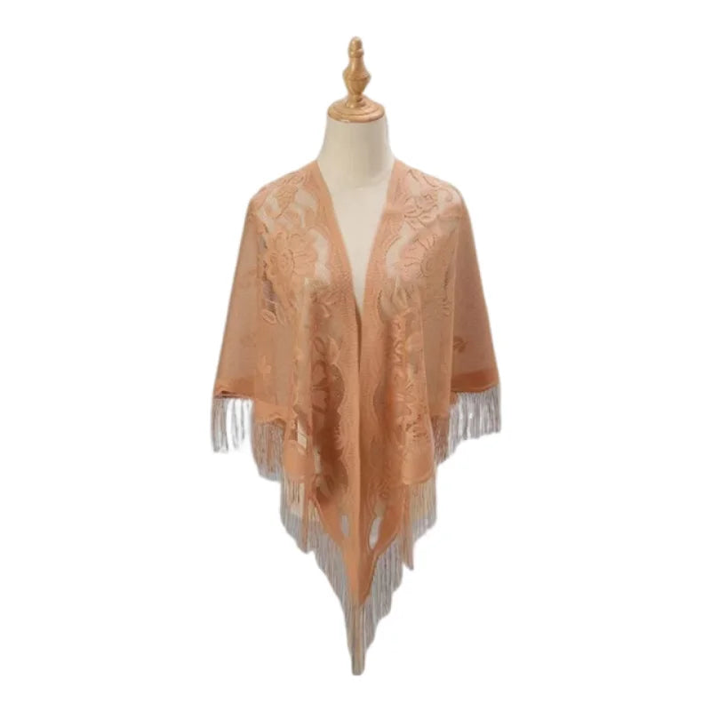 Floral Lace Shawl Wrap Women Embroidery Scarf With Fringe Sheer Kimono Poncho Capelet Summer Beach Cover Up Evening Party Shawls