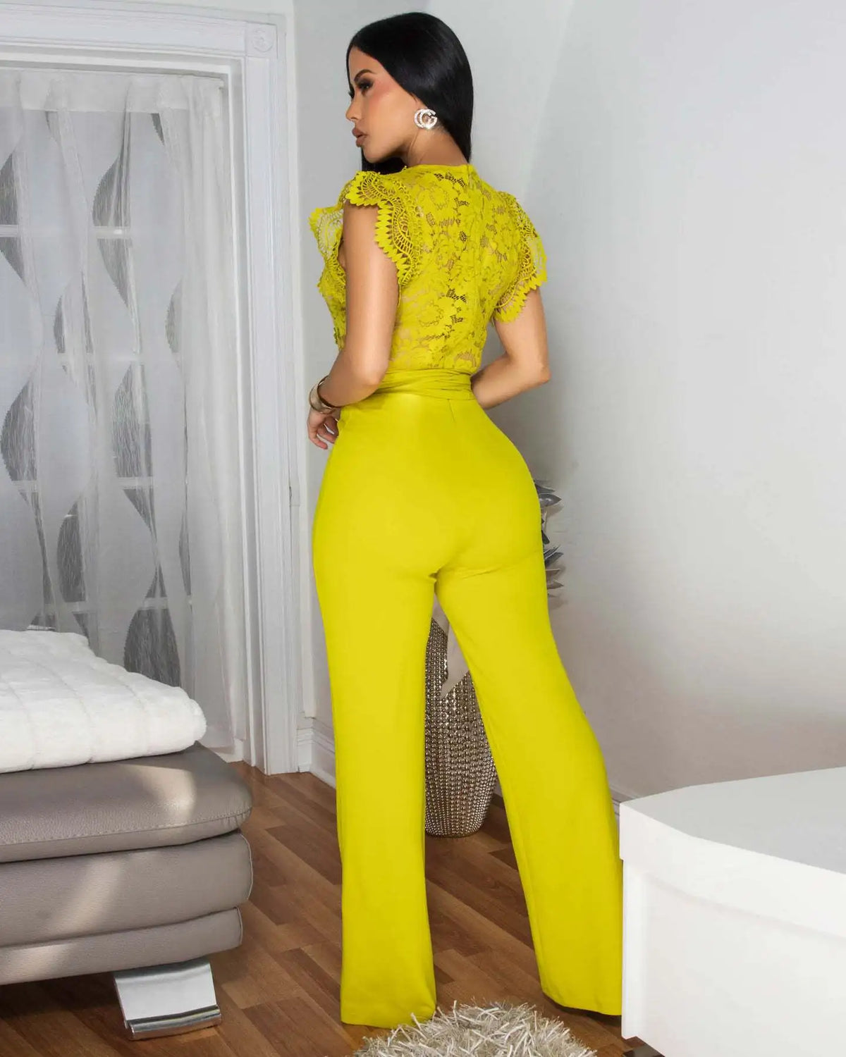 Women's Jumpsuit Elegant Lace V Neck Short Sleeve High Waisted Wide Leg Rompers Sports Fitness Party Banquet Jumpsuites Sexy Y2K