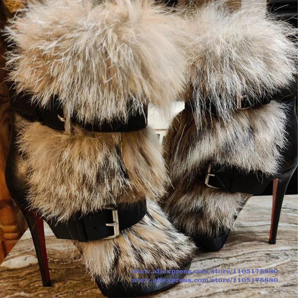 Brown Faux Fur Ankle Boots Belt Buckle Stiletto Heels Platform Zipper Women Shoes Novelty Designer Boots Party Botas Mujer