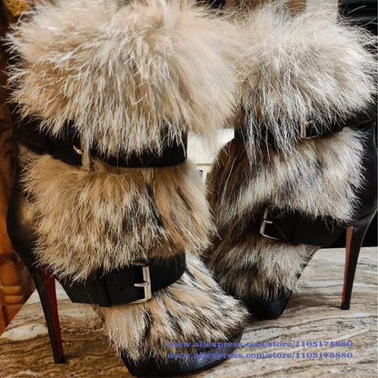 Brown Faux Fur Ankle Boots Belt Buckle Stiletto Heels Platform Zipper Women Shoes Novelty Designer Boots Party Botas Mujer
