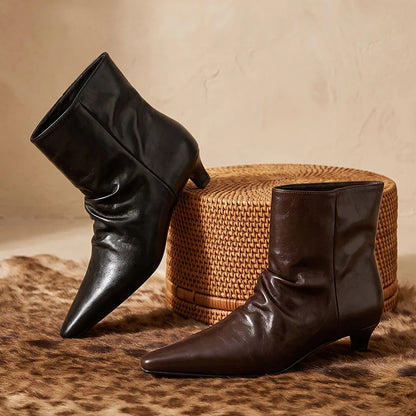 AIYUQI 2026 Women Pointed Toe Ankle Boots Vintage Ruched Kitten Heel Short Boots Elegant Slip On Dress Booties for Daily Party