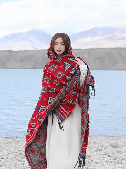 GypsyLady Bohemian Vintage Chic Cloaks Capes Hooded Blue Women Autumn Warm Knitted Ethnic Capes Tassels Cloak Poncho Outwear New