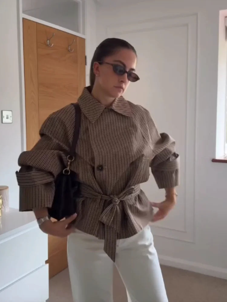 Beige Checkered Cropped Trench Coat Women Stand Collar With Waist Belt Loose Oversized Autumn Daily Wear Outer Jacket
