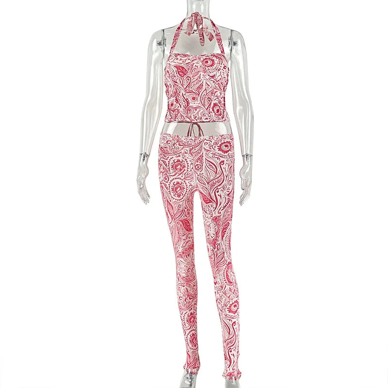 STYLISH LADY Printed Sports 2 Piece Set Women Halter Backless Crop Top and Skinny Pant Suits 2025 Summer Sexy Club Party Outfit