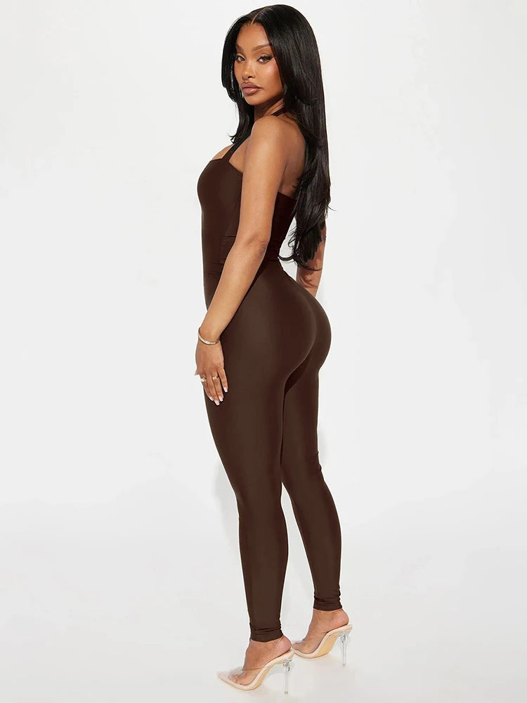 Weird Puss Hipster Backless Jumpsuit Women Halter Lace-Up Low Chest Sexy Solid Midnight Activity Stretch Slim Streetwear Overall