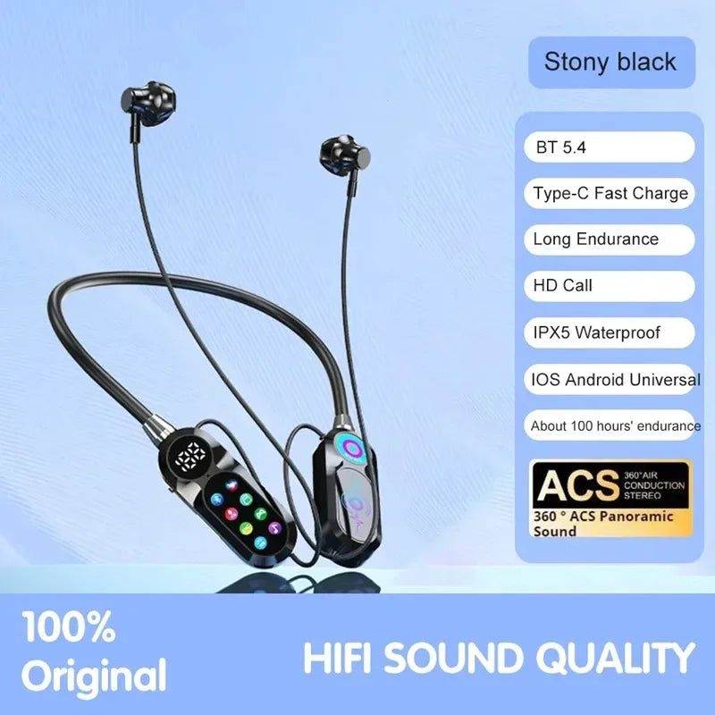 HD Screen Bluetooth 5.4 Headphones Neckband Earphones TWS Wireless Headsets HiFi Stereo Waterproof Earbuds Support TF Card