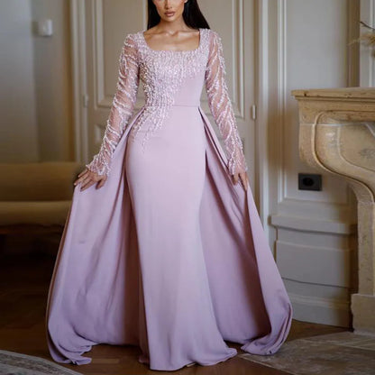 Customized Moest Square Neck Evening Dresses with Beaded Long Sleeve Mermaid Formal Gown with Detachable Train Satin Robe de
