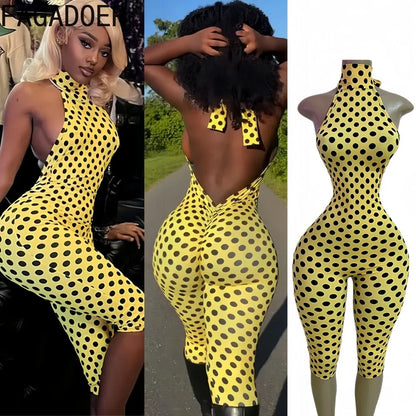 FAGADOER Fashion Color Dot Printing Bodycon Jumpsuits Woman Halter Sleeveless Backless Rompers Female Streetwear Overalls 2026