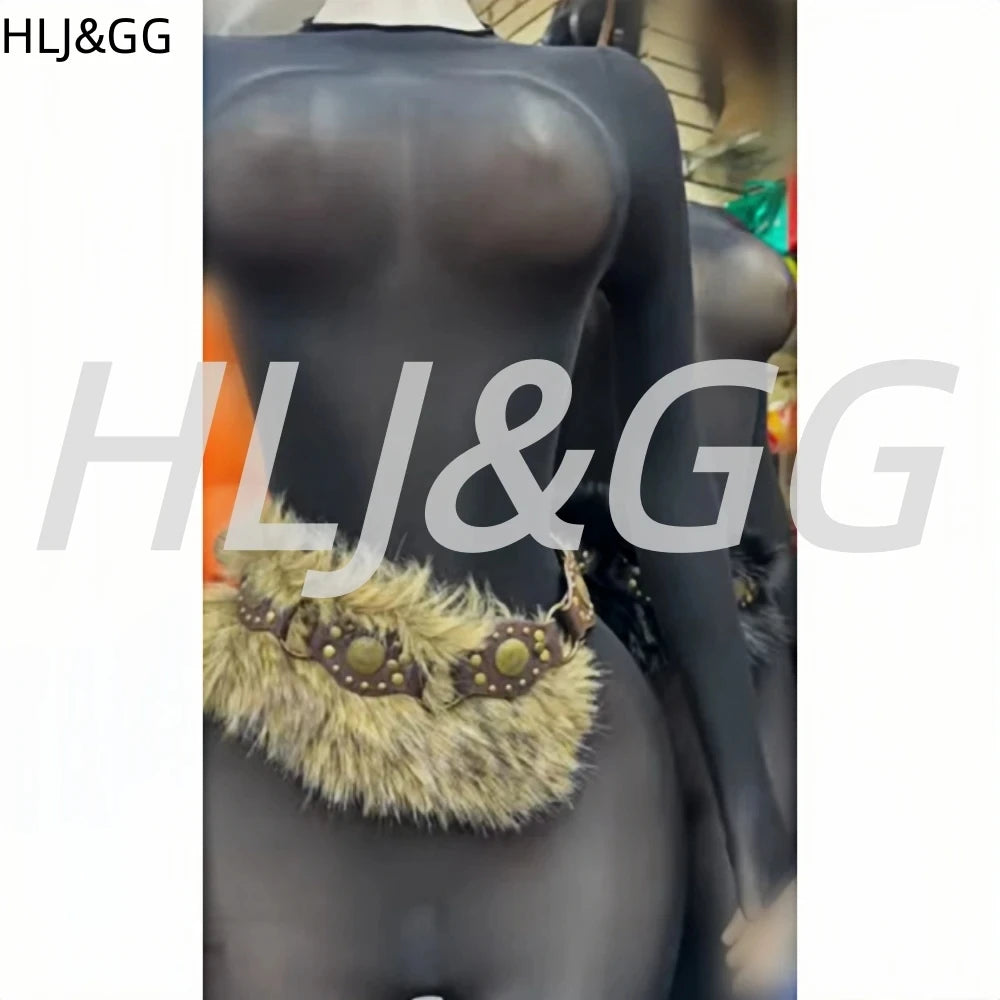 HLJ&GG Sexy Mesh See Through Bodycon One Piece Jumpsuits Women O Neck Long Sleeve Stretchy Overall Lady Party Clubwear Playsuits