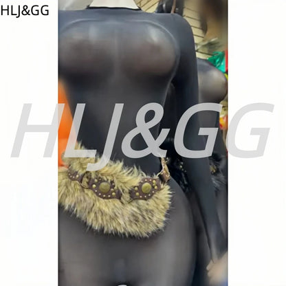 HLJ&GG Sexy Mesh See Through Bodycon One Piece Jumpsuits Women O Neck Long Sleeve Stretchy Overall Lady Party Clubwear Playsuits