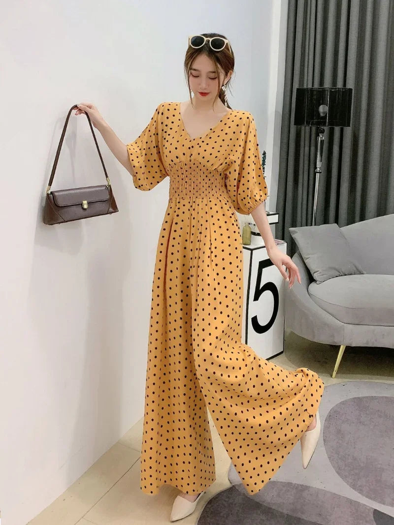 Jumpsuit Women Summer New Temperament Polka Dot V-neck High Waist Casual Wide Leg Jumpsuit Elegant Party One Piece Jumpsuits