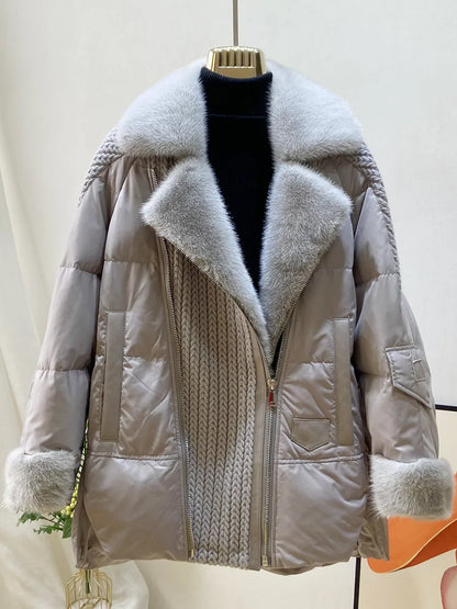 OFTBUY Fashion Autumn Winter Real Mink Fur Coat Women Natural White Goose Feather Down Jacket Luxury Outerwear Loose Streetwear
