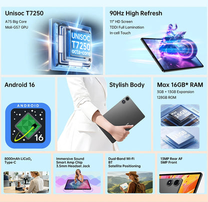 Teclast P50T Android 16 Tablets 90Hz 11" Display 8 Core UNISOC T7250 Max.16GB RAM(3GB+13GB Virtual) 128GB ROM 8000mAh GPS Tabs