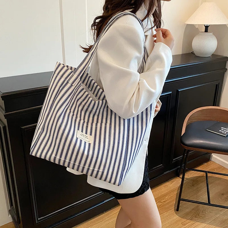 Contrast Color Stripes Women Shoulder Bags Versatile Ladies Large Capacity Tote Bag Lightweight Portable Female Shopping Handbag