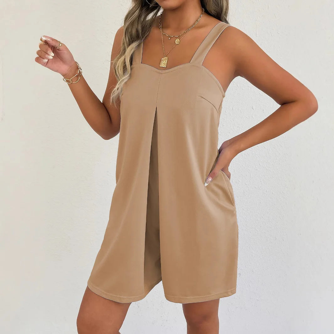 Women Sleeveless Strap Short Romper Heart Neck Pleated Wide Leg Jumpsuit With Pockets Loose Summer Casual Beach Vacation Outfit