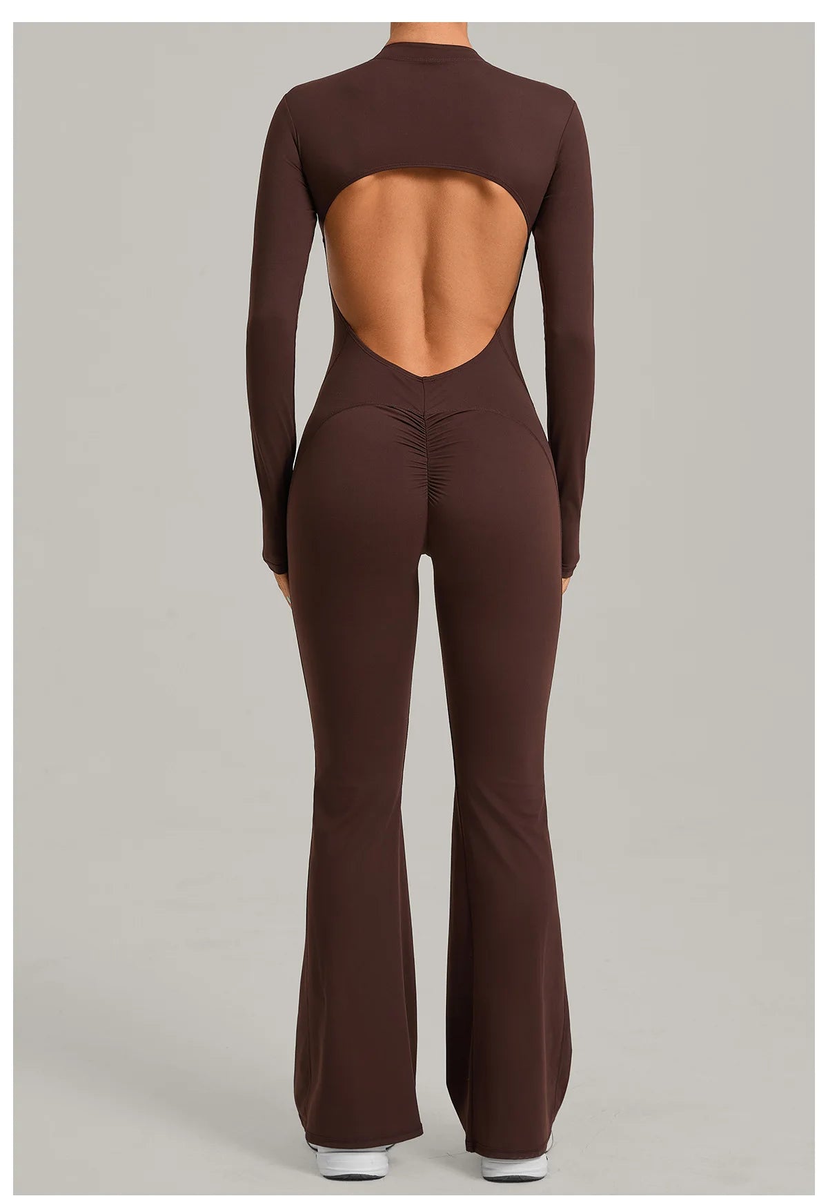 Women Long Sleeve Zip Yoga Bodysuit Cutout Back Scrunch Butt Lift Tummy Control Sweat Wicking Fabric Gym Workout Flare Jumpsuit