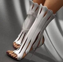 Sexy Vertical Shape Stiletto Heel Ankle Boots Peep Toe Metal Heels Studded Strappy Sandals Red White Black Runway Boot Shoes