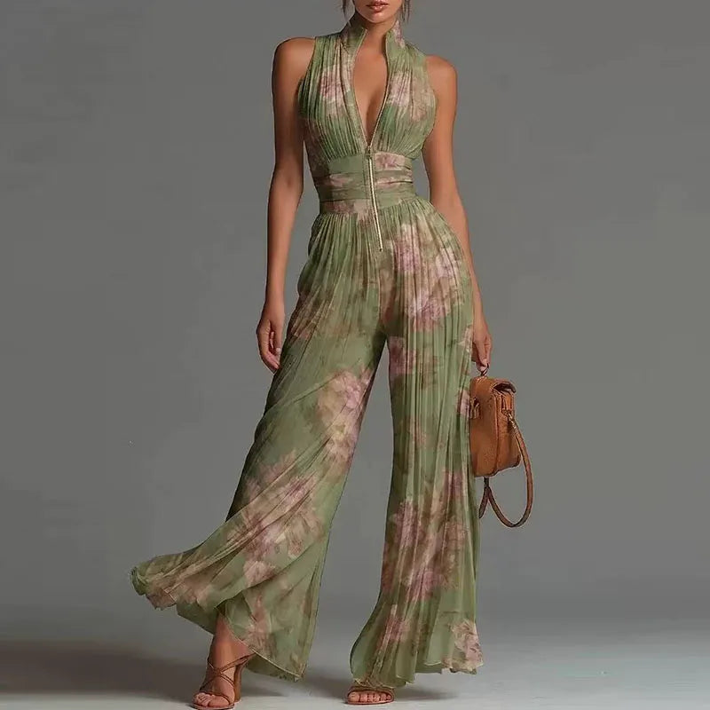Women Elegant Chiffon Sleeveless Jumpsuit High Waist Pleated Flowy Wide Leg One Piece Overalls Holiday Casual Streetwear Rompers
