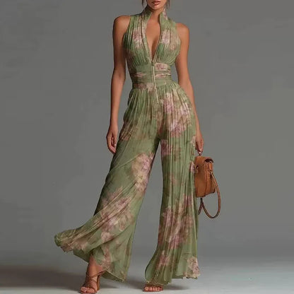Women Elegant Chiffon Sleeveless Jumpsuit High Waist Pleated Flowy Wide Leg One Piece Overalls Holiday Casual Streetwear Rompers