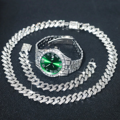 3pcs Men's Silver Watch Set Hip-hop Punk Inlay Diamond Watch+Cuban Chain+Bracelet Comes With Strap Adjuster Stylish Jewelry Gift
