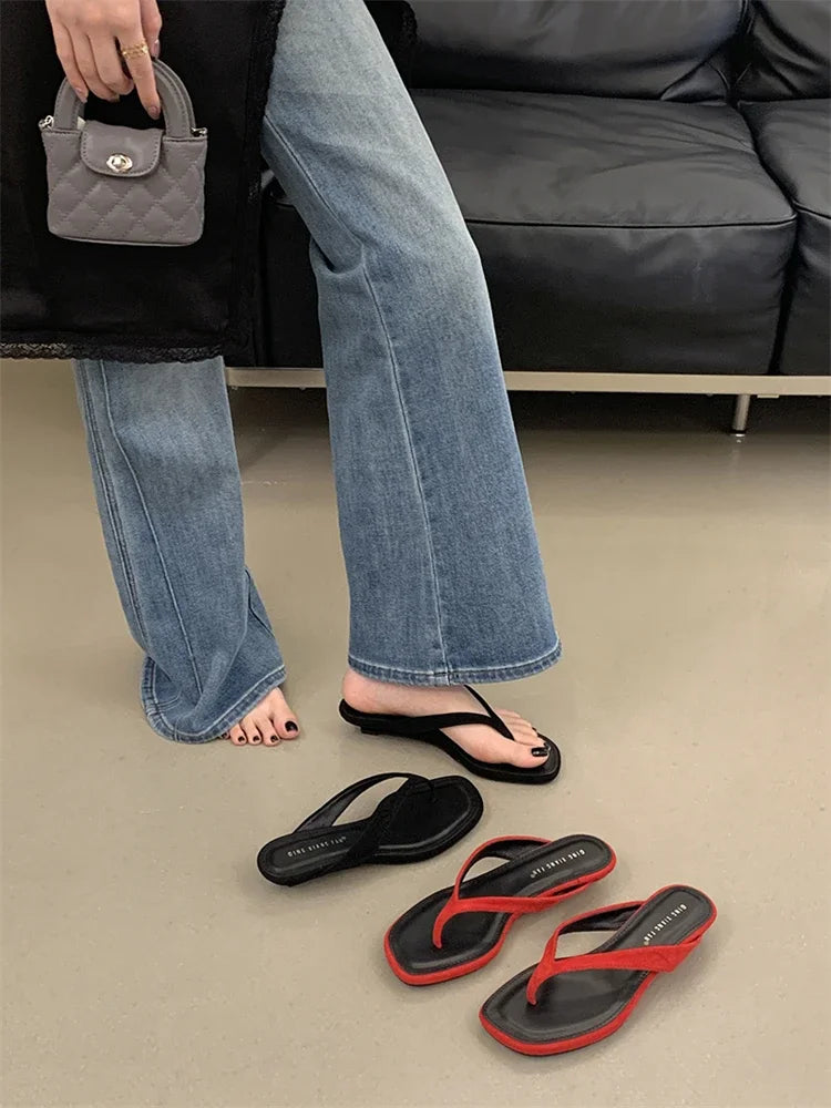 ZAROY Red Women's Flip Flops Summer Slippers Square Clip Toe Thin Low Heels Casual Beach Mules Slides Thongs Sandals Zapatos