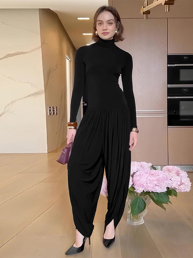 Whatiwear Casual Fashion Jumpsuits Woman Autumn Trend Turtleneck Full Sleeve Ruched Design Daily Simple Office Style Overalls