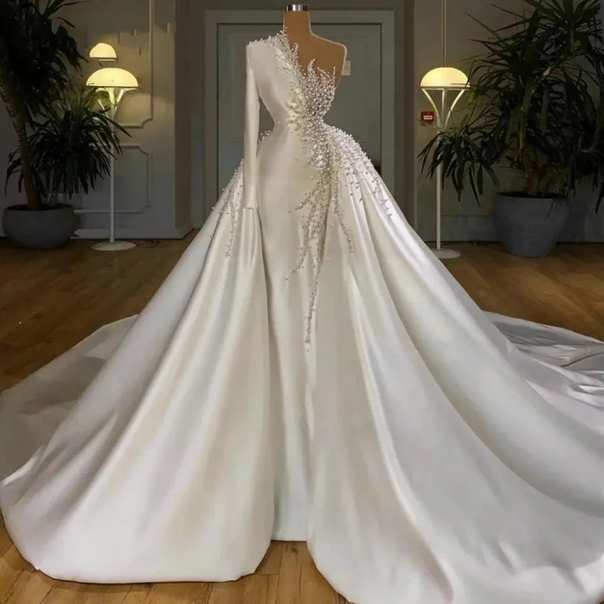 Detachable Wedding Dresses Mermaid One-shoulder Pearls Bridal Gown Saudi Arabia Dubai Islamic Vestido De Noiva Customized