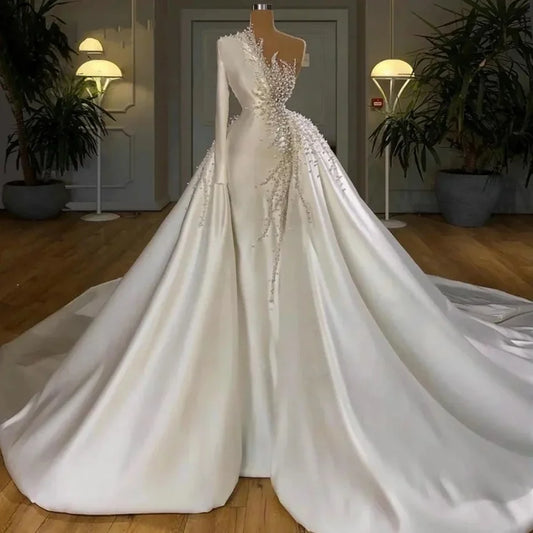 Detachable Wedding Dresses Mermaid One-shoulder Pearls Bridal Gown Saudi Arabia Dubai Islamic Vestido De Noiva Customized