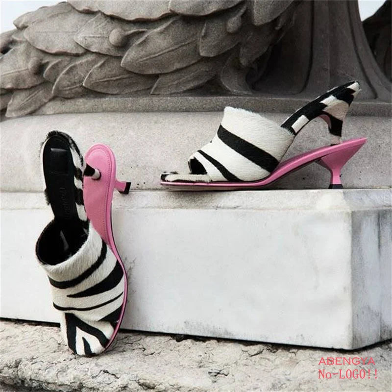2025 Summer Leather High Heel Slippers Women Sandals Kitten Double Heels Mules Slides Designer Party Dress Shoes For Women